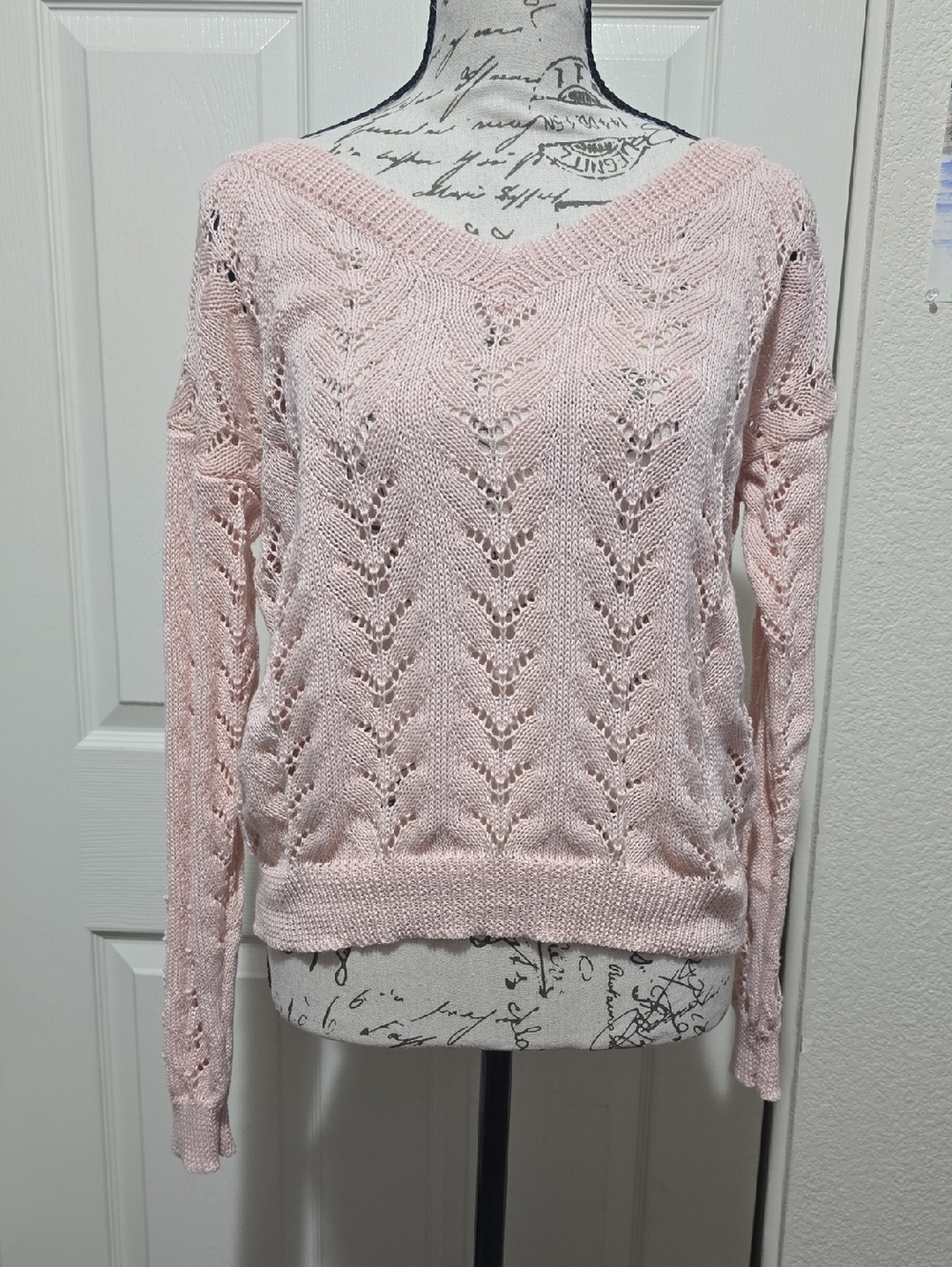 Light Pink V-Neck Openwork Knit Sweater, Small, NWOT